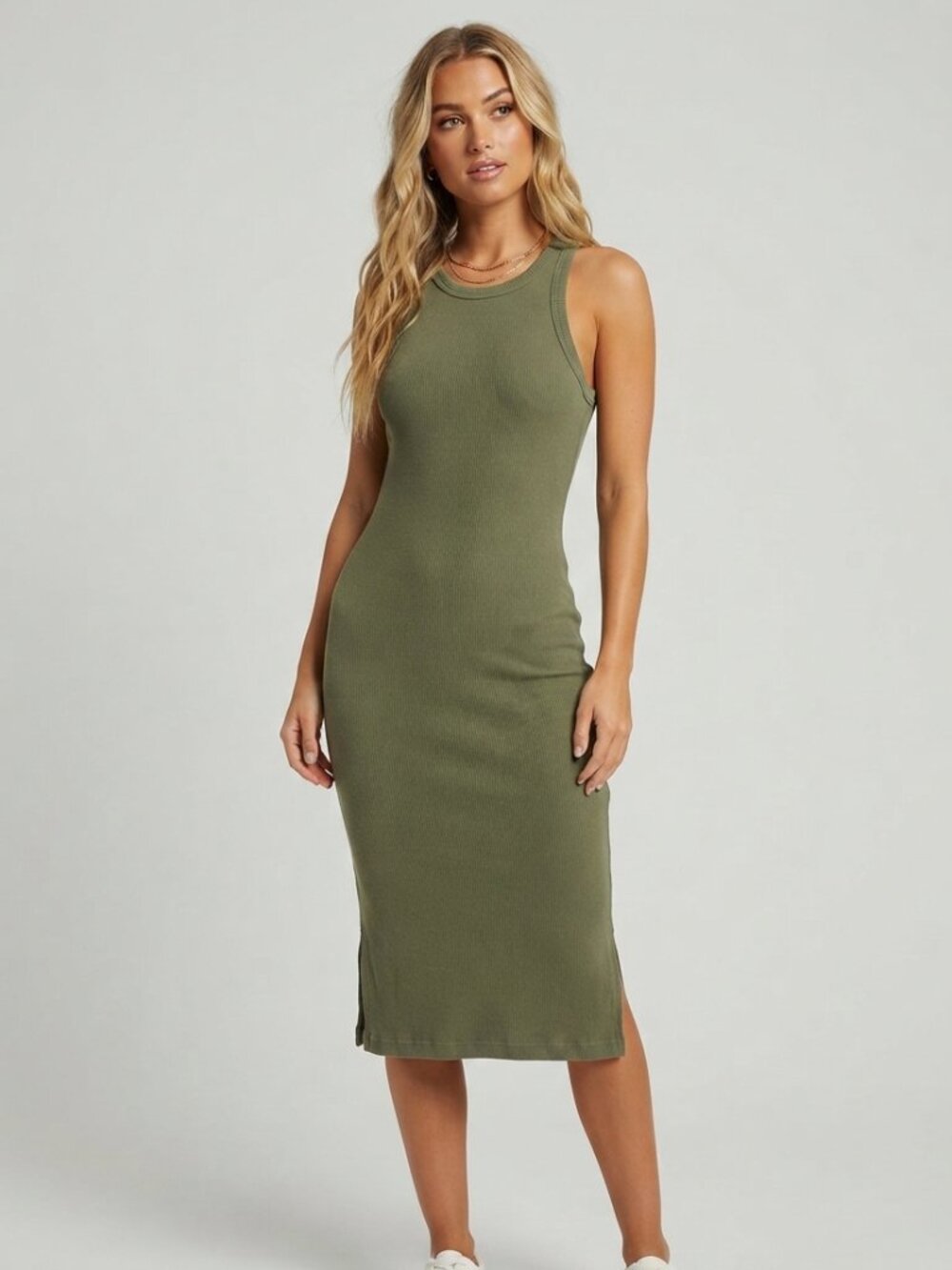 Pact Olive Green Ribbed Tank Midi Dress
